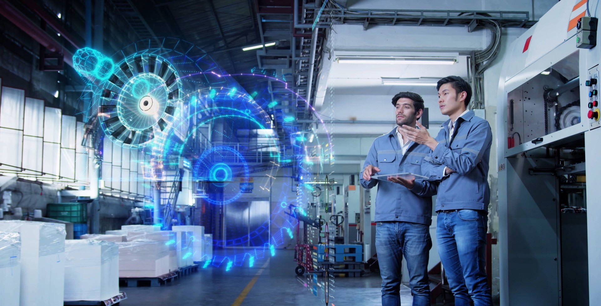 Engineer presenting machine with virtual reality technology, smart factory machine design, futuristic industry ideas.